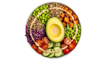 Vegan buddha bowl with avocado and varied plant based ingredients, isolated on white or transparent background. PNG