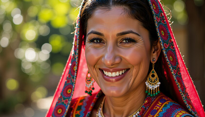 Smiling woman in colorful traditional Mexican dress with shawl outdoors  