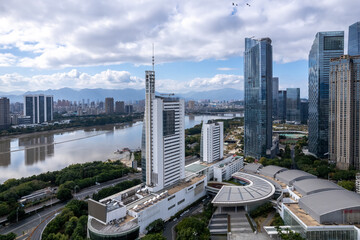 Urban Skyline with Modern Buildings by River
