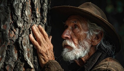 Elderly Man Examining Tree Bark