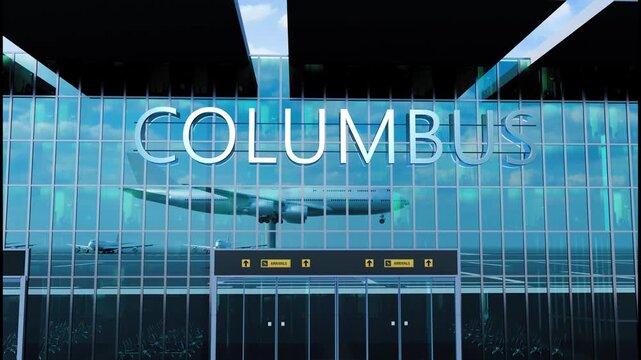 Airlane landing at Columbus. Arrival in the city with reflection of airport and aircraft