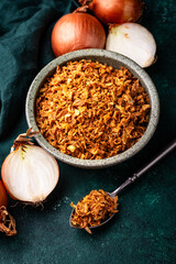 Bowl with chopped fried crispy onions