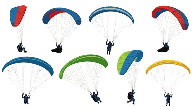 Paragliders in various colorful wing designs taking flight