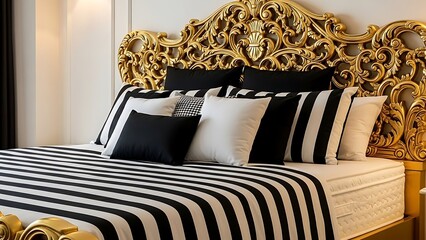 豪華な金色の装飾と黒白ストライプ寝具のあるベッド