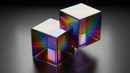虹色光沢ある立方体オブジェの輝く存在感と抽象的な美しさ