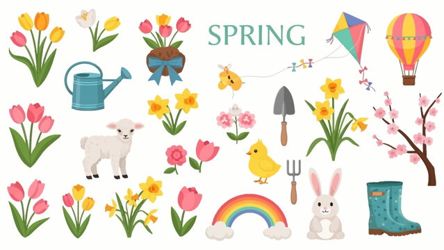 Vibrant spring illustration with flowers, lamb, bunny, and rainbow