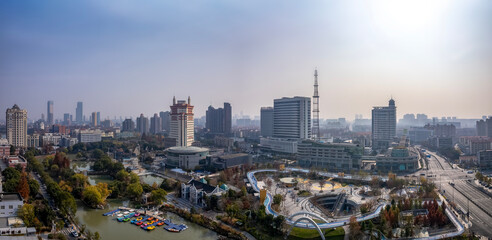 Aerial View of Urban Cityscape with Skyscrapers