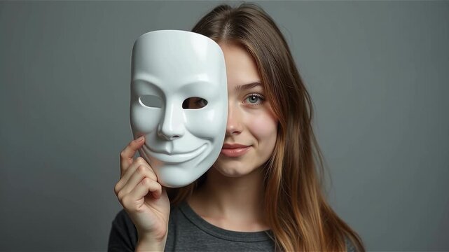 teen girl hiding her face behind mask - identity or personality concept 
