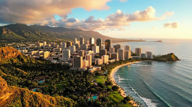 Aerial view of honolulu cityscape with coastline and mountains at sunrise