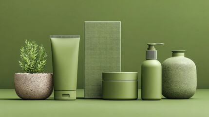 White cosmetic tubes and jars arranged in a row on a bright green background, clean minimal layout for skincare or beauty packaging concept