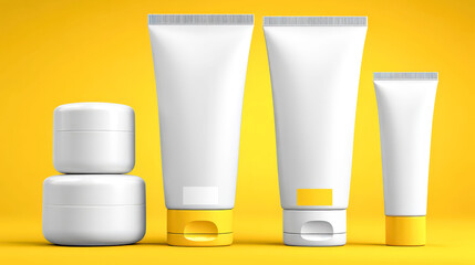 White cosmetic tubes and jars arranged in a row on a bright yellow background, clean minimal layout for skincare or beauty packaging concept