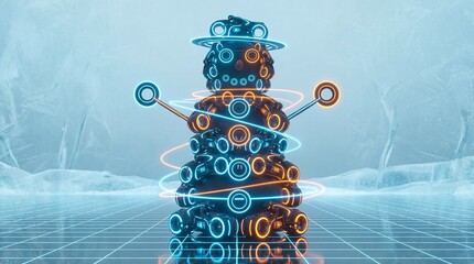 Futuristic 3D design of a snowman built from glowing mechanical parts and circular blue and orange light rings on a grid floor