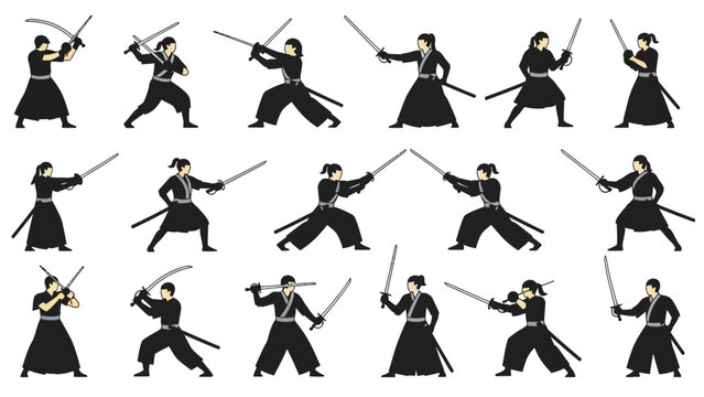 Various martial arts poses with swords in black and white