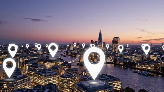 Cityscape with glowing map markers on buildings near river at sunset