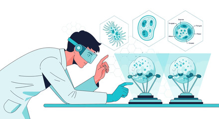 Scientist using virtual reality for microorganism analysis and biotechnological advancements in
