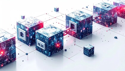 Abstract Technology Cubes with Circuitry and Red Illumination.