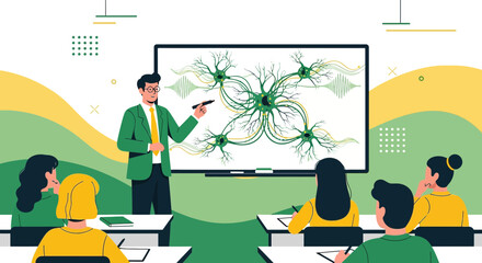Teacher explains neural network to students in classroom showing the power of technology and