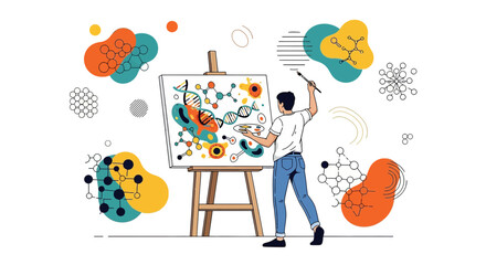 The artist is immersed in the creation of a science-inspired abstract artwork on canvas