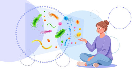 The science of bacteria and microorganisms exploration, illustration of scientific research on