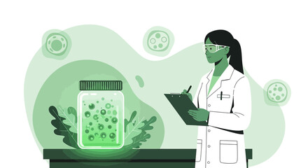 Vector illustration showing female scientist analyzing natural extract with clipboard in