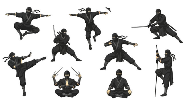A group of ninjas in various martial arts poses and stances