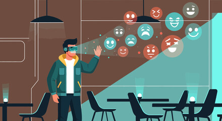 Virtual reality immersive experience, augmented reality, emotional expressions displayed in modern