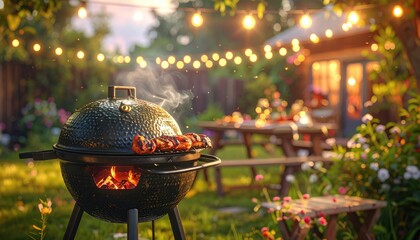Evening Backyard Barbecue with String Lights