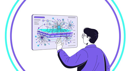 Visualizing network connections: Man interacting with data interface for analysis and discovery