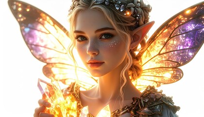 Fairytale Elf Woman with Glittering Wings Holding Crystal