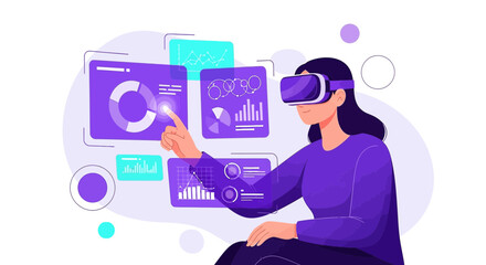 Woman analyzing data with VR headset showcasing immersive analytics environment