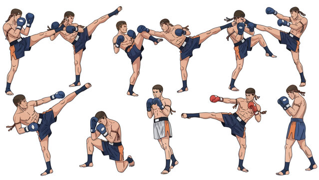 A cartoon illustration of a man performing various kickboxing poses and movements