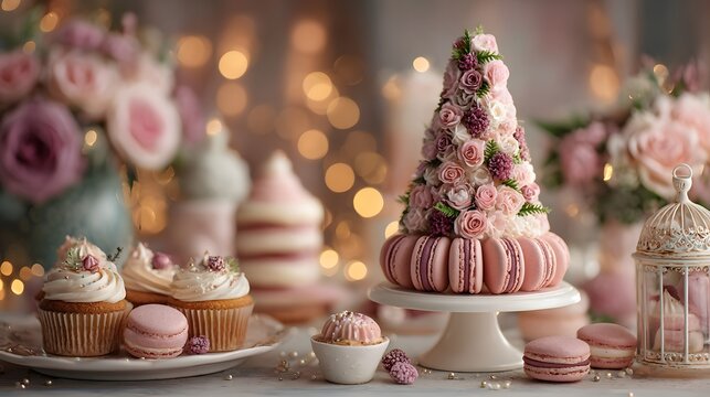 Elegant Christmas dessert table features a pink macaron tree surrounded by cupcakes and holiday treats in a soft, festive pastel palette.