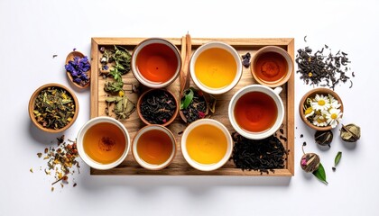 Assortment of Herbal Teas in Cups and Loose Leaf on Tray.