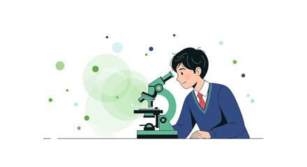 Young student in uniform using a microscope for scientific exploration and learning