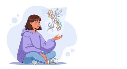 Young woman contemplates the intricacies of dna in a stylized illustration format showcasing