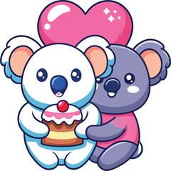 Naklejka premium Cute Koala Couple Hugging with Heart-Shaped Valentine Cake – Kawaii Love Sticker Vector, Adobe Illustrator Artwork