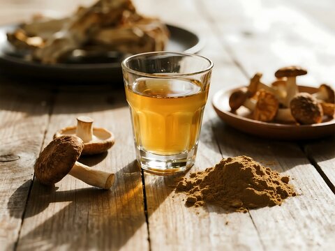 Golden adaptogenic mushroom elixir glows in a modern glass 