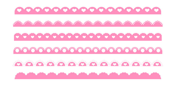Scalloped edge pink lace border, cute textile frill stripe. scalloped border, frame, pattern isolated. Zigzag edge border, cutout decoration line frame collection