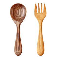 Wooden spoon and fork set cooking tool isolated on transparent background.
