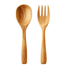 Wooden spoon and fork set cooking tool isolated on transparent background.