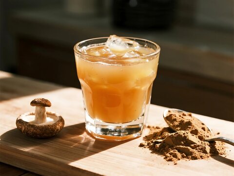 Golden adaptogenic mushroom elixir glows in a modern glass 
