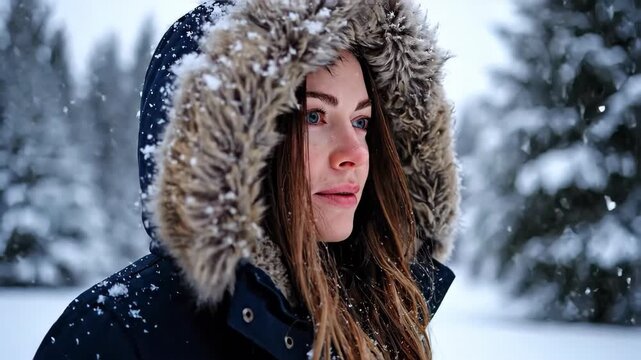 Portrait of a young woman in a winter parka standing in a snowy forest. Cinematic slow push in on a female face surrounded by falling snow. Winter fashion concept