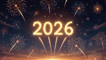 Sparkling 2026 New Year celebration featuring golden glitter typography and vibrant fireworks illuminating a dark night sky with a festive, hopeful atmosphere