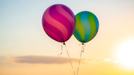 空に向かって浮かぶ二つの風船、明るい色彩が際立つ瞬間