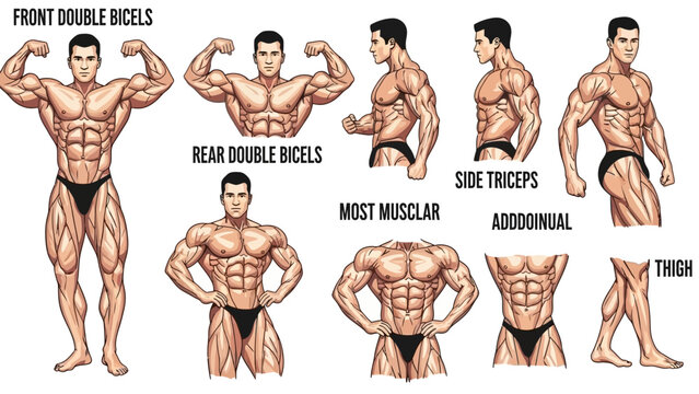 An illustration of a muscular man in various poses highlighting different muscle groups