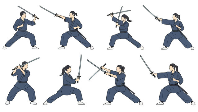 A woman in a blue uniform is practicing various sword fighting techniques