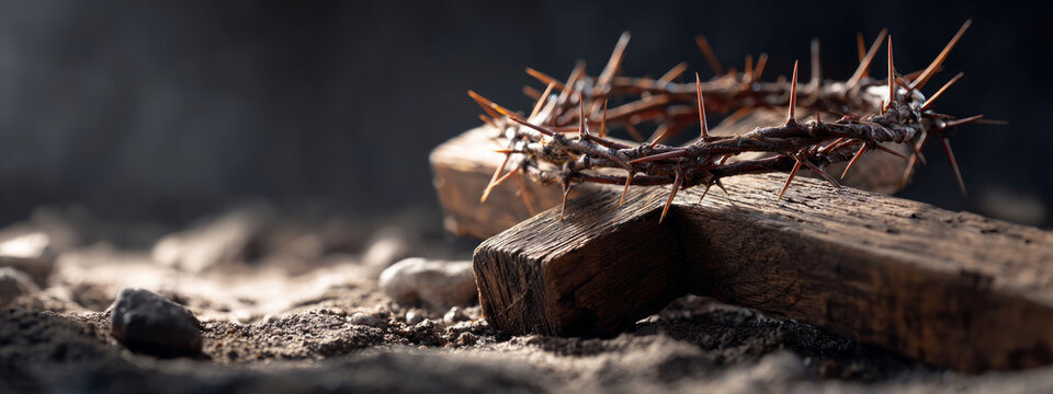 Crown thorn nail wooden cross rustic passion religion concept sorrowful symbol