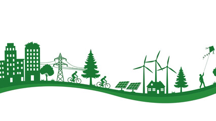 Sustainable living concept illustration with green energy sources and activities