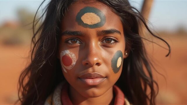 Portrait of young female from the Aboriginal culture in Australia. Woman face adorned with traditional paints against the backdrop of the vast Outback.