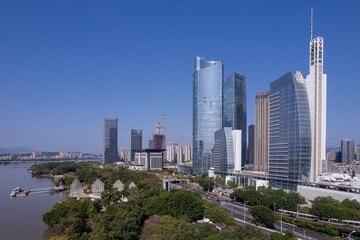Urban Skyline with Modern Skyscrapers by River